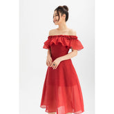 Silk Organza Off-Shoulder Midi Dress with Ruffled Neckline and Flared Sheer Hem